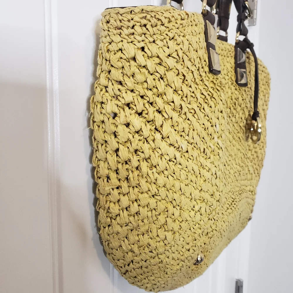 Michael Michael Kors Vintage Large Woven Straw Leather Handbag Satchel Tote - Picture 8 of 15